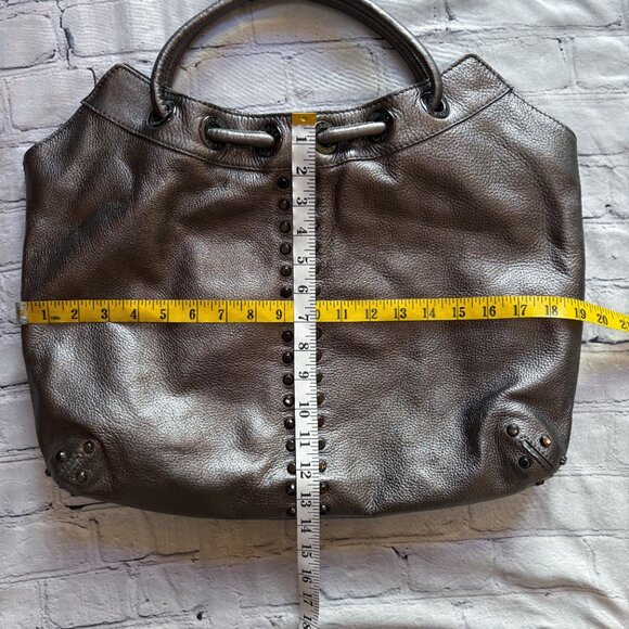 Michael Michael Kors Hobo Bag Studded Top Handle Leather Purse Silver Metallic L - Picture 10 of 14